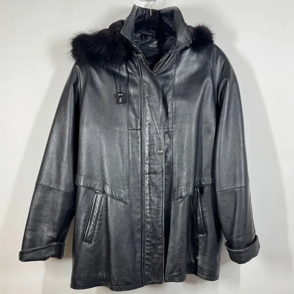 Bod & Christensen Black Leather Coat Size L Quilted Lined Hooded Jacket - Picture 2 of 16